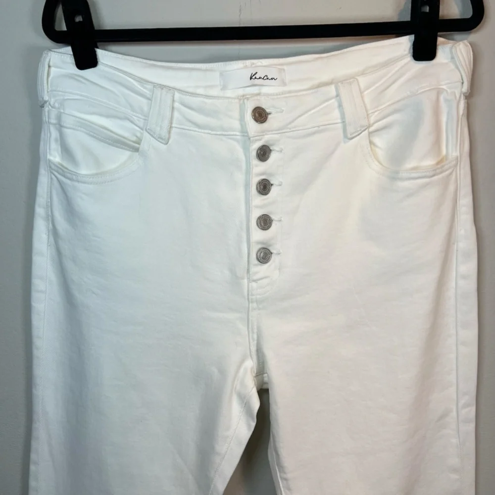 Kancan Flare Stretch Jeans White Denim High Rise Frayed Button Summer Size 31x33